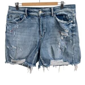 Judy Blue Denim Shorts Sz 1XL Distressed Paint Splatter High Rise Stretchy Jean